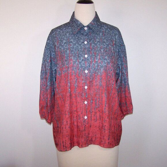Misslook Button Up Shirt Top Womens Large Ombre 3/4 Sleeves Collared Gray Coral - Picture 2 of 10